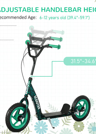 Kids Scooter with Adjustable Handlebar, Kids Kick Scooter with Non-slip Footplate, Rear Brake, 12" EVA Wheels, Green