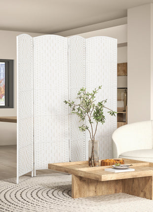Room Divider, 4 Panel Folding Privacy Screen, 6FT Tall Portable Weave Partition Wall Divider for Bedroom, White