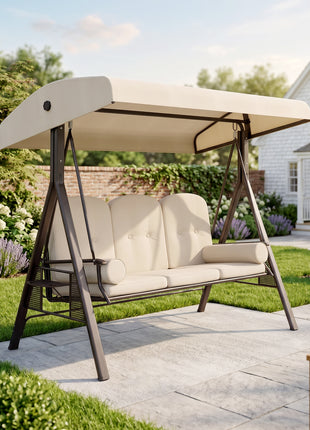 3-Seat Patio Swing Chair, Outdoor Porch Swing Glider with Adjustable Canopy, Removable Cushion, Pillows and Side Trays, for Garden, Poolside, Backyard, Beige