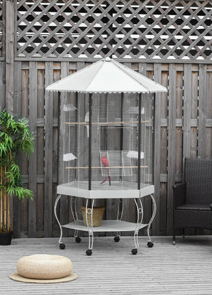 77" Flight Bird Cage Hexagon Covered Canopy Portable Aviary With Storage