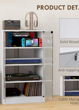4-Tier Media Cabinet, Media Stand with Adjustable Shelves, Tempered Glass Doors, and Cable Management, Distressed White