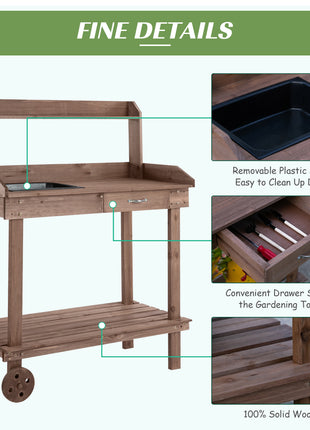 36'' Wooden Potting Bench Work Table with 2 Removable Wheels, Sink, Drawer & Large Storage Spaces, Brown