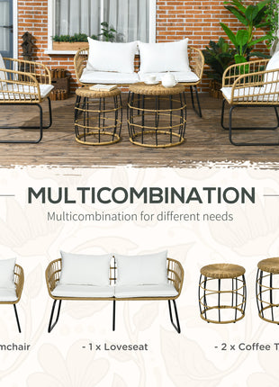 5 Piece PE Rattan Outdoor Furniture Set with Cushioned Chairs, Loveseat Sofa & Stackable Coffee Tables, Cream White