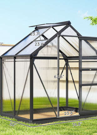 Polycarbonate Greenhouse, Heavy Duty Outdoor Aluminum Walk-in Green House Kit Vent Door, 6.2'x4.3'x6.6' Gray