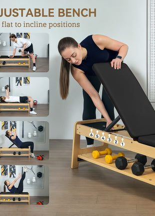 Wooden Adjustable Weight Bench with Dumbbell Rack, Flat or Incline Workout Bench for Home Gym Weight Lifting, Black