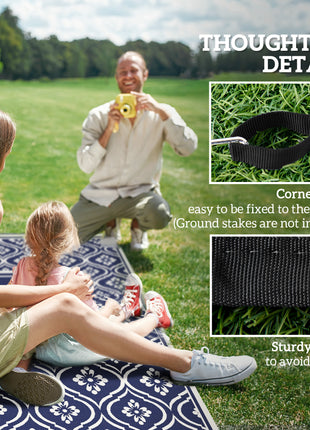 Reversible Outdoor Rug, Waterproof Plastic Straw with Carry Bag, 9' x 18', Blue & White Gourd Border