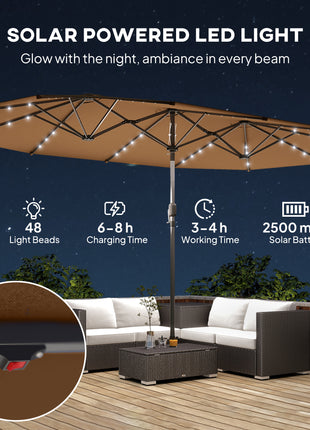 Garden Parasol, Double-Sided Sun Umbrella with LED Solar Lights, Patio Parasol for Outdoor, Coffee