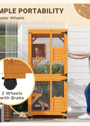 Large Cat House for 1-3 Cats on Wheels Wooden Catio Enclosure Orange