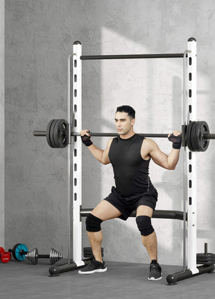 Squat Rack with Pull Up Bar and Barbell Bar Adjustable Bench Press Multi-Function Weight Lifting Half Rack, White