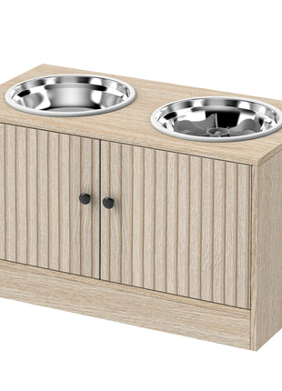 Elevated Dog Bowls with Storage Cabinet,  2 Stainless Steel Bowls, Slow Feeder, Dog Feeding Station for Large Dogs, Oak