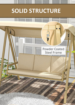 3-Person Patio Swing Chair, Outdoor Porch Swing with Adjustable Canopy, Removable Cushions for Garden, Backyard, Beige