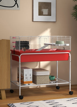 Two-Story Small Animal Cage Removable from Stand, Pet Habitat with Shelf & Wheels, 33" x 18.5" x 35", Red