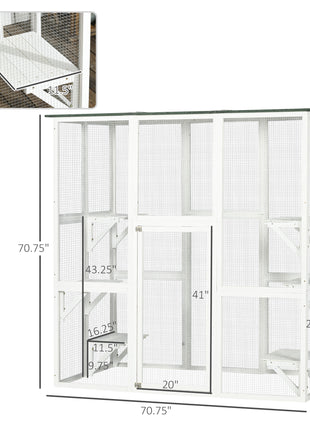 Outdoor Cat House Big Catio Wooden Feral Cat Shelter Enclosure with Large Spacious Interior, 6 High Ledges, Weather Protection Asphalt Roof, 71" L, White