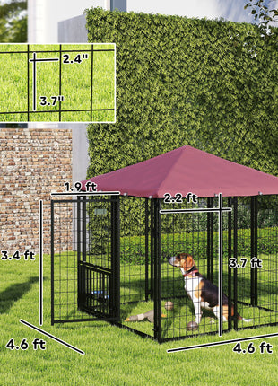 Welded Wire Outdoor Dog Kennel with 360° Rotating & 4 Levels Adjustable Bowls, Waterproof Cover, 4.6' x 4.6' x 5'
