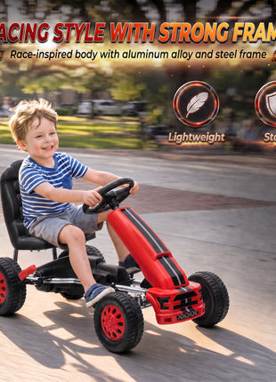 Lightweight Pedal Go Kart with Steering Wheel, Go Cart Ride on Toy with Adjustable Seat for 3+ Years, Red