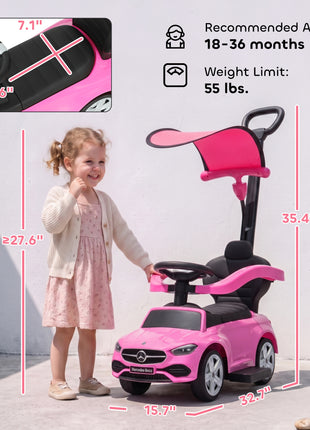 4 in 1 Toddler Push Car Licensed Benz with Push Handle, Guardrails, Canopy, Horn, Music, Storage for 18-36 Months, Pink