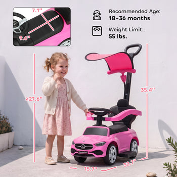 4 in 1 Toddler Push Car Licensed Benz with Push Handle, Guardrails, Canopy, Horn, Music, Storage for 18-36 Months, Pink