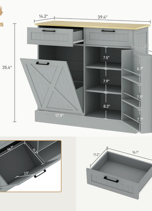 10 Gallon Farmhouse Kitchen Cabinet with Hidden Trash Can and 2 Drawers, Tilt Out Trash Can Cabinet for Kitchen, Gray