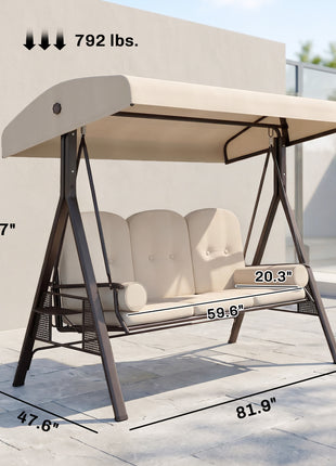 3-Seat Patio Swing Chair, Outdoor Porch Swing Glider with Adjustable Canopy, Removable Cushion, Pillows and Side Trays, for Garden, Poolside, Backyard, Beige