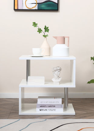 20" Modern S-Shaped Multi-Level Accent End Table Shelf with Steel Poles, White