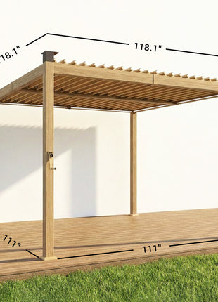 10' x 10' Louvered Pergola with Solar LED lights, Metal Roof, Outdoor Pergola Patio Gazebo with Drainage Gutters, Brown