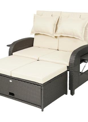 Patio Rattan Daybed, Wicker Outdoor Daybed with Storage Ottoman, Loveseat w/ Adjustable Backrest, Beige