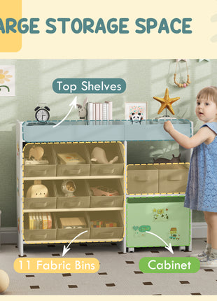 Kids Toy Storage Organizer with 11 Bins, Moveable Cabinet, Top Shelves, 3 Stickers, for Nursery, Playroom, White
