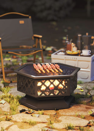 28" Outdoor Fire Pit with Grill Hexagon Fireplace Wood Burning Firepit with Cooking Grate, Fire Poker, Spark Screen Lid