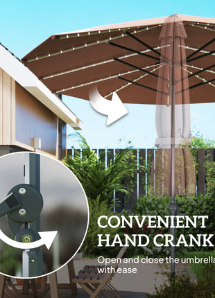 15ft Double-Sided Outdoor Umbrella with Solar Lights, UPF50+ Extra Large Aluminum Patio Umbrella with Crank, Tan