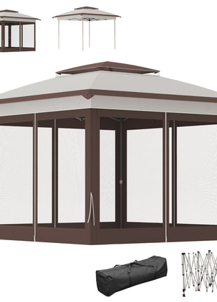 12' x 12' Pop Up Canopy Tent with Netting and Carry Bag, Instant Sun Shelter with 137 sq.ft Shade, Beige and Brown