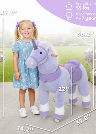 Ride on Unicorn Toy for Kids 4-7 Years, 37.8 Inch Plush Baby Rocking Horse with Wheels, No Battery Required, Purple