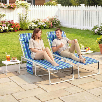 Tanning Chair Set of 2 with Face Hole and Side Table, 5-Position Folding Outdoor Chaise Lounge Chair, Blue Stripe