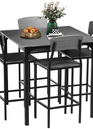5-Piece Counter Height Bar Table with Space-Saving Design, Square Kitchen Table and Chairs Set with Footrest, Metal Legs, Industrial Dining Table Set for 4, Gray