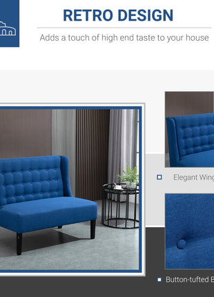 Armless Couch Wingback Double Sofa Linen Fabric Upholstery Button Tufted Loveseat Modern Living Room Settee, Blue