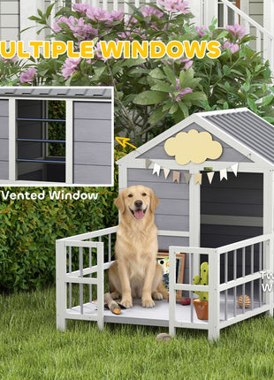 Outdoor Dog House, 61"L Wooden Dog House with Porch, Weatherproof Roof, Elevated Base, Air Vents & Observation Windows