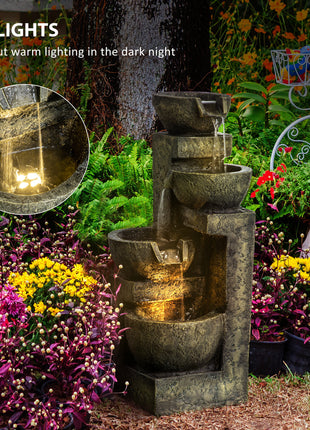 Small Outdoor Fountain with 4-Tier Stone Bowls, Adjustable Waterfall Flow & LED Lights, Perfect for Patio & Zen Garden, Gray
