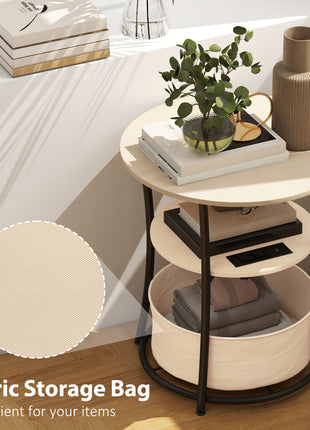 Round Side Table with Charging Station, 3-Tier End Table with Fabric Storage Bag and Shelf, Natural Wood