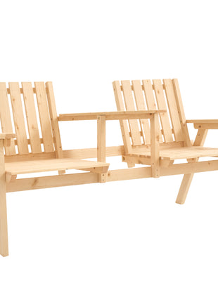 Patio Bench, Garden Bench with Middle Table and Umbrella Hole, Wooden Outdoor Bench for Patio, Porch, Poolside, Balcony, Natural