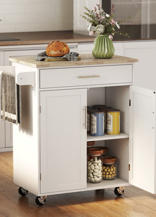 Kitchen Island Cart, Rolling Island Table with Solid Wood Top, Trolley Cart with Drawer, Storage Cabinet & Towel Rack, White