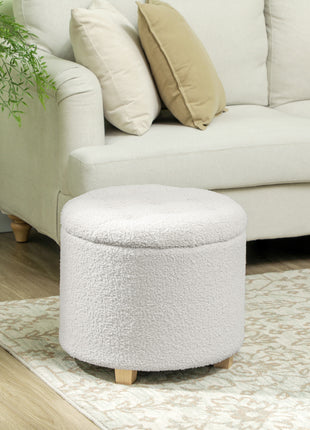 18" Round Ottoman with Storage, Teddy Fleece Button Tufted Foot Stool with Lid, Wood Legs for Living Room Hallway, White