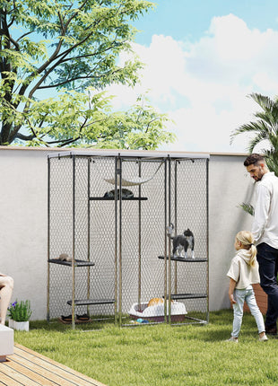 Catio Outdoor Cat Enclosure, Galvanized Steel Walk-in Cat Cage with Waterproof Cover, 5 Adjustable Platforms, Hammock