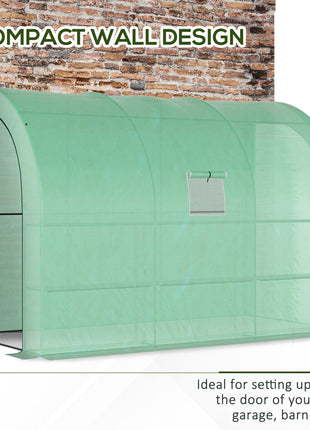 10' x 5' x 7' Lean to Greenhouse, Walk-In Green House, Plant Nursery with 2 Roll-up Doors and Windows, PE Cover and 3 Wire Shelves, Green