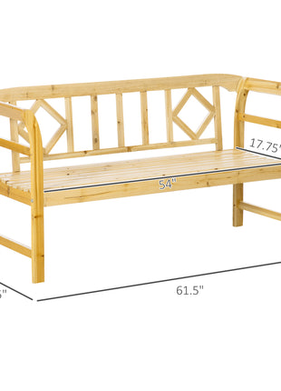 Wooden Patio Bench, Outdoor Garden Bench with Backrest and Armrests, 3 Person Porch Bench with Rustic Country Diamond Pattern, Natural