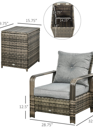 3 Piece Patio Furniture, PE Wicker Storage Table & Chairs, Gray