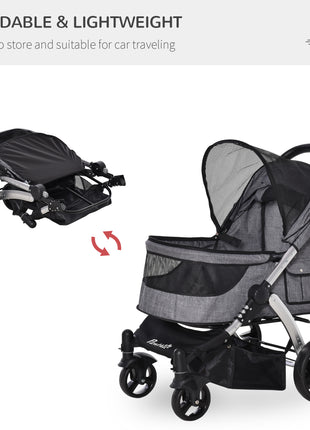 Pet Stroller Foldable Dog Cat Travel Carriage with Adjustable Handlebar PVC Wheel Brake Storage Bag Mesh Window Safety Leash Aluminum Grey