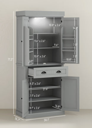 71" Kitchen Pantry Cabinet with LED Lights, 6 Door Shelves, a Drawer and 4 Adjustable Shelves, Gray
