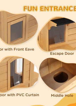  2-story Cat House Outdoor, Weatherproof Wooden Cat Enclosure for Feral Cats with Escape Door, Openable Roof, Jumping Platforms, Natural