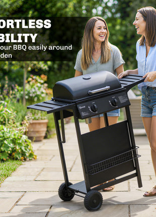 2 Burner Propane Gas Grill, 18000 BTU BBQ Grill with Wheels, Warming Rack, Shelf, Thermometer, Grease Cup, Black