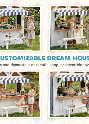 Outdoor Playhouse, Wooden Kids Playhouse with Dog Door, Cookware, Blackboard, Bench, Doorbell for Ages 2+