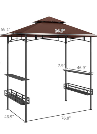 8' x 5' BBQ Grill Gazebo, 2-Tier Outdoor BBQ Gazebo with 2 Side Shelves, Storage Baskets, Ceiling Hook, Dark Brown